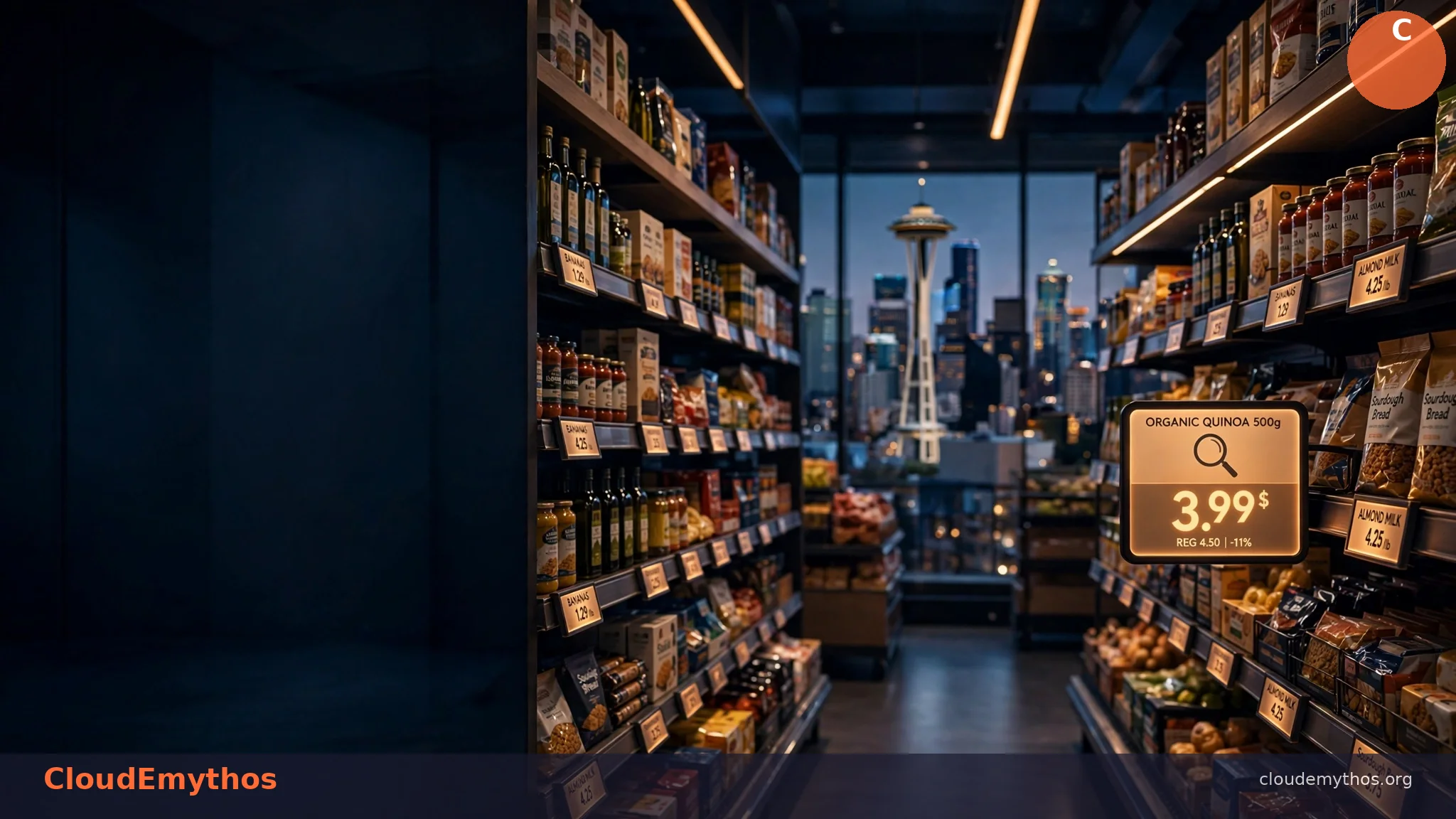 Seattle grocery store aisle with electronic price tags and city skyline