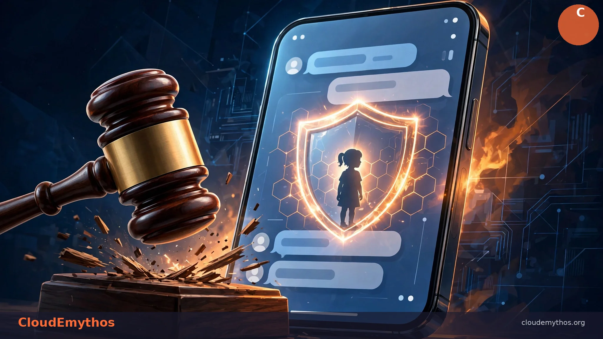 Illustration of a judge's gavel and a smartphone with a shield protecting a child — 8 states sue OpenAI over ChatGPT child safety