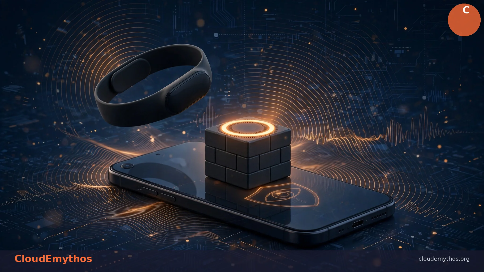 Editorial illustration of a smart bracelet and brick-shaped AI listening device with a glowing microphone ring on a smartphone, surrounded by sound-wave visualizations and an eye-shaped privacy shield motif