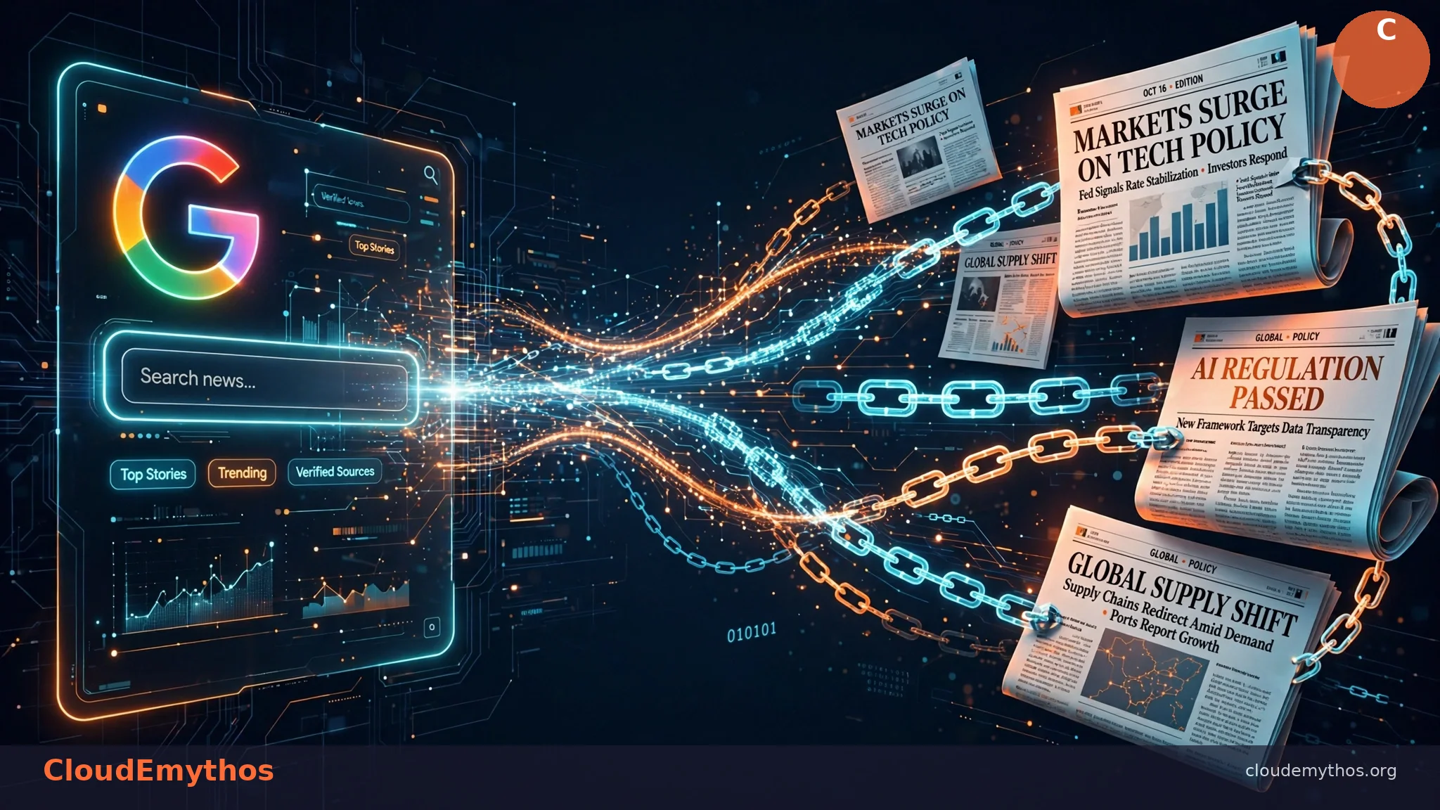 Editorial illustration showing a glowing Google search interface connected by data streams and link chains to floating newspaper front pages, in dark navy with orange and cyan lighting