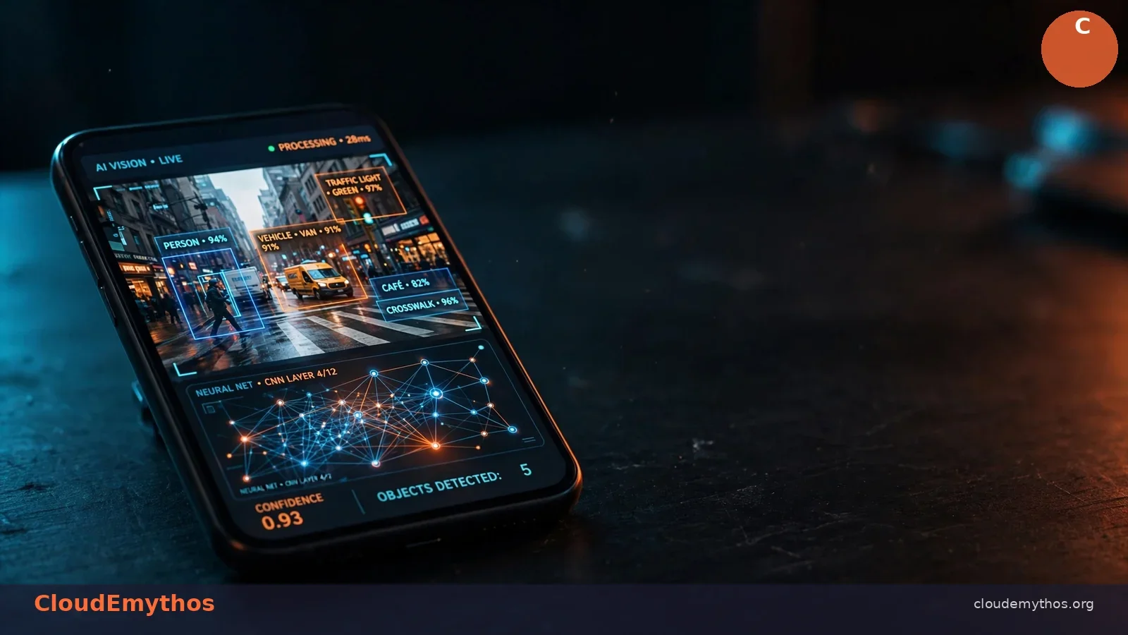 Smartphone running on-device AI vision analysis, detecting objects in a city street scene — MiniCPM-V 4.7 explained
