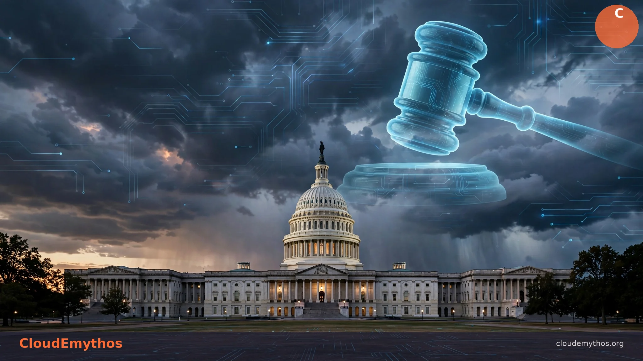US Capitol at dusk with digital circuit patterns and a judge's gavel silhouette representing AI regulation and the FTC probe into OpenAI and Anthropic
