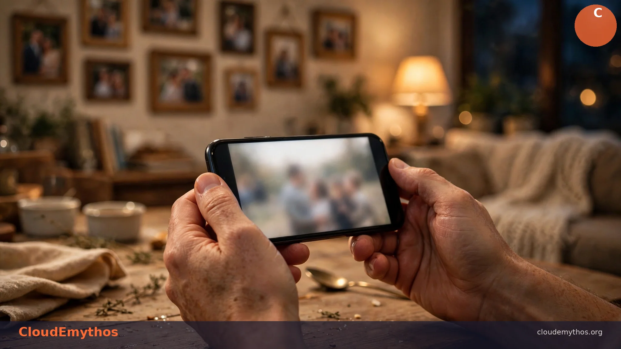 A concerned parent holding a smartphone showing a blurred social media photo at home in the evening