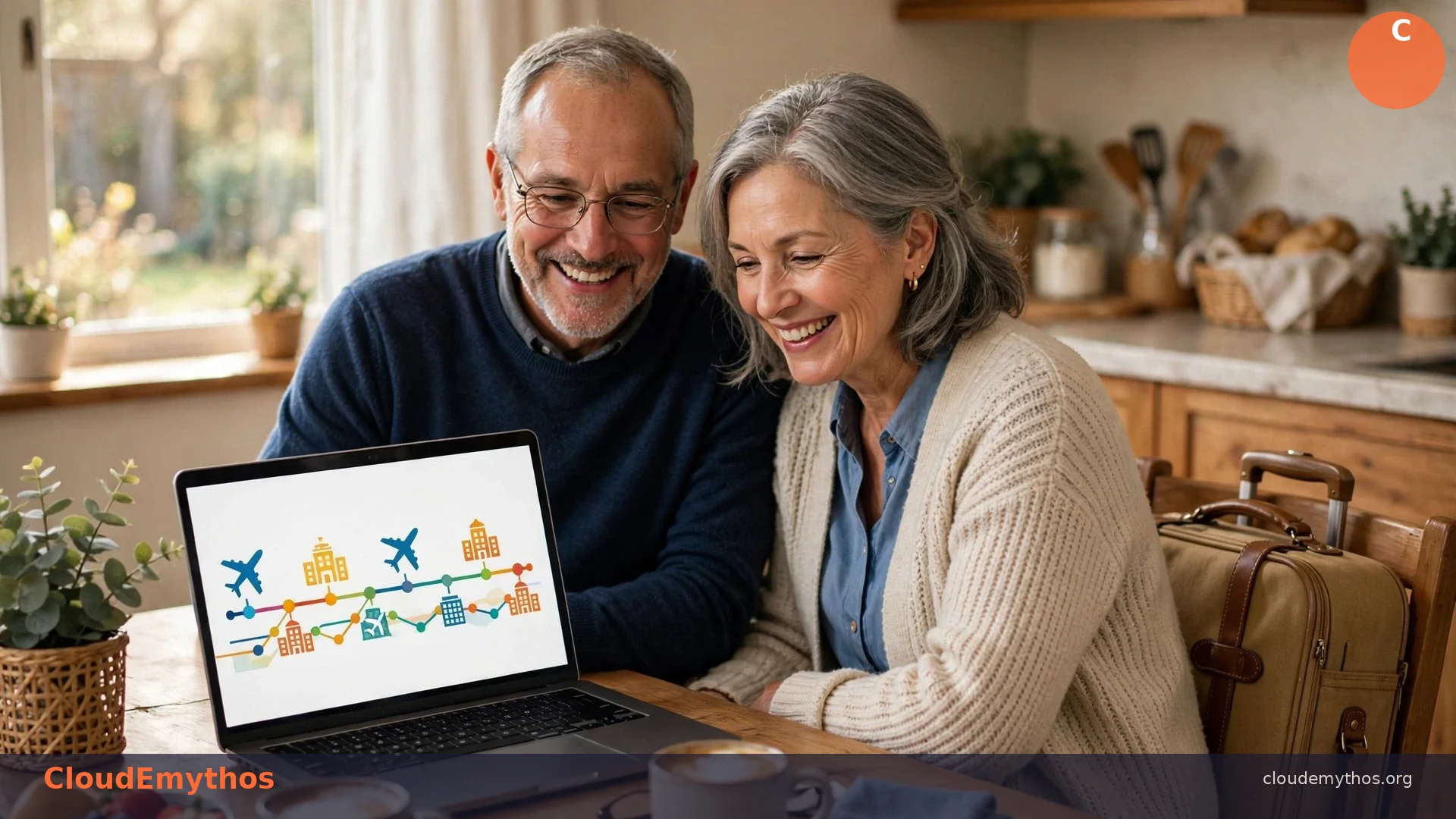 A couple in their early sixties at a kitchen table looking at a laptop showing a travel itinerary timeline, with a suitcase beside the chair