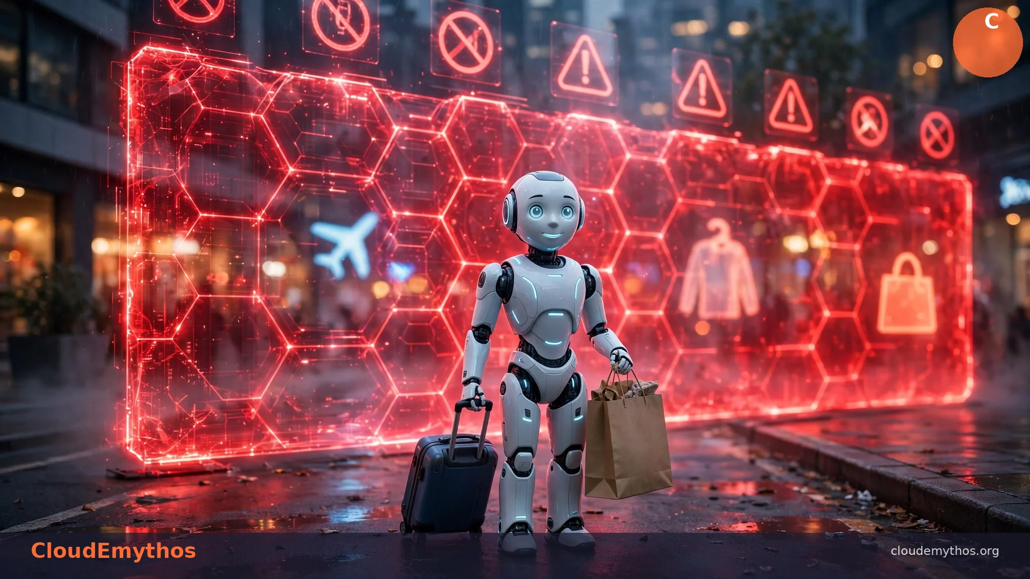 AI robot assistant with shopping bag and suitcase stopped before a glowing red digital barrier wall with warning icons